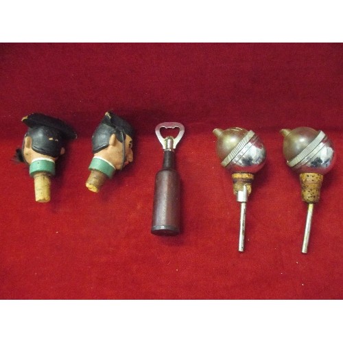 16 - SPIRIT MEASURES, BOTTLE SHAPED BOTTLE OPENER WITH DICE AND A PAIR OF 1930'S MATADOR BOTTLE STOPPERS ... 