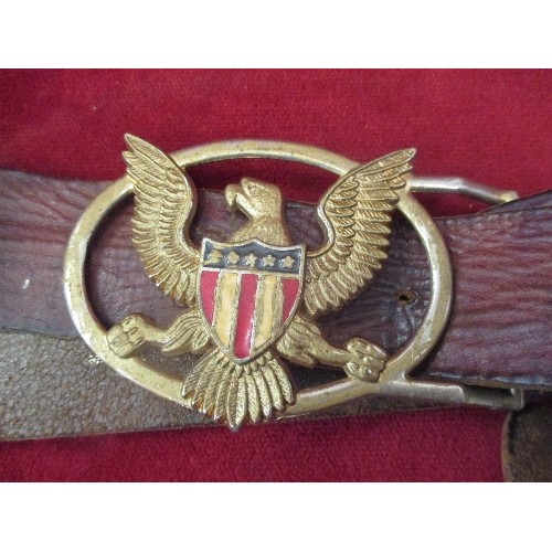 14 - A MID 20TH CENTURY LEATHER BELT WITH AMERICAN EAGLE AND USA FLAG SHIELD. BACK OF BUCKLE MARKED 