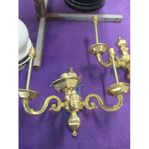 221 - THREE VINTAGE BRASS WALL LIGHTS, EACH WITH TWO BRANCHES