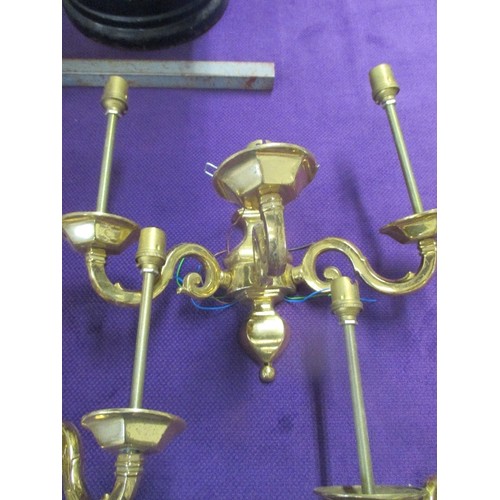 221 - THREE VINTAGE BRASS WALL LIGHTS, EACH WITH TWO BRANCHES