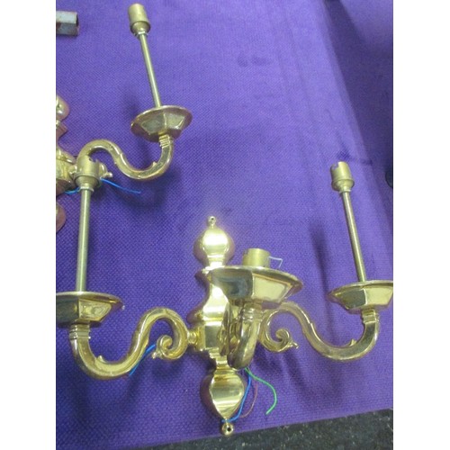 221 - THREE VINTAGE BRASS WALL LIGHTS, EACH WITH TWO BRANCHES