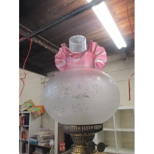 222 - MID 20TH CENTURY TALL CORINTHIAN COLUMN OIL LAMP WITH SHADE AND VICTORIAN STYLE SHADE WITH A PINK RU... 