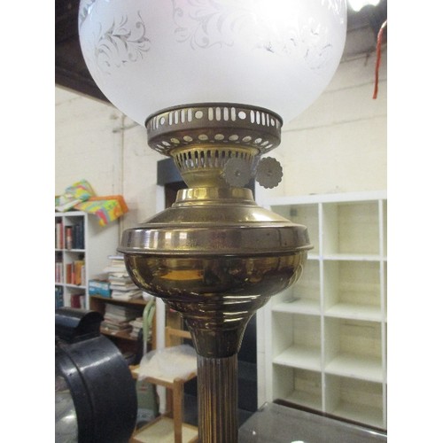 222 - MID 20TH CENTURY TALL CORINTHIAN COLUMN OIL LAMP WITH SHADE AND VICTORIAN STYLE SHADE WITH A PINK RU... 