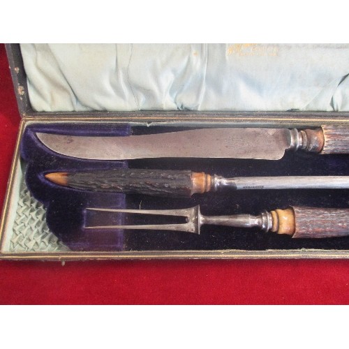 350 - EDWARDIAN HORN HANDLED CARVING SET BY HUMPHREY'S & CO, SHEFFIELD IN FITTED CASE