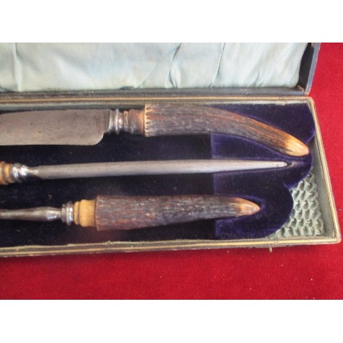 350 - EDWARDIAN HORN HANDLED CARVING SET BY HUMPHREY'S & CO, SHEFFIELD IN FITTED CASE