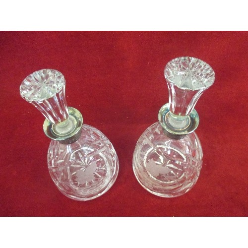 340 - A PAIR OF GOOD QUALITY CUT AND ETCHED GLASS SPIRIT DECANTERS WITH 830 SILVER COLLARS MARKED KRONEN D... 