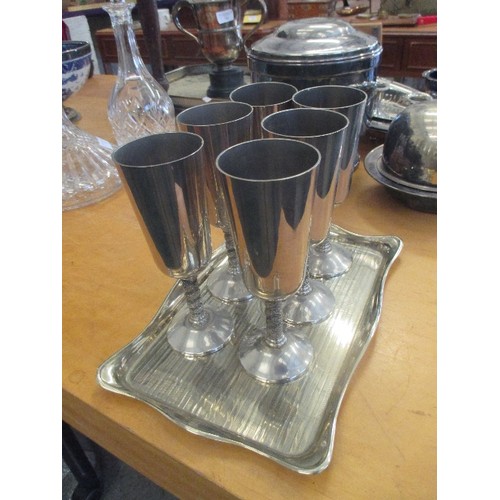 346 - A 1930'S SILVER PLATED TRAY WITH ENGINE TURNED DESIGN AND A SET OF SIX PLATED GOBLETS BY 