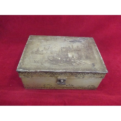 331 - UNUSUAL VICTORIAN TOLEWARE CASH OR DOCUMENT TIN WITH A DESIGN OF VENICE ON THE LID - 25CM X 17CM X 1... 