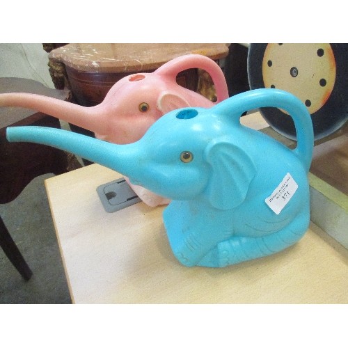 371 - THREE 1970'S CHILDREN'S PLASTIC WATERING CANS, TWO ELEPHANTS AND A DUCK