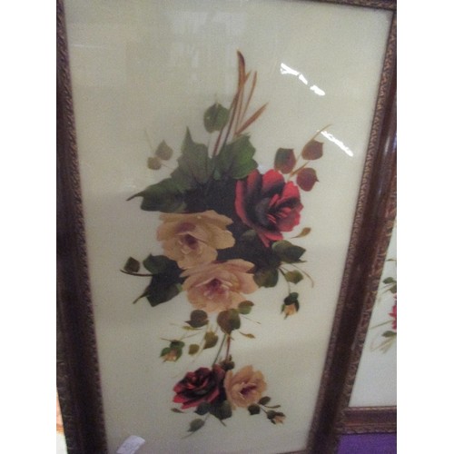 176 - PAIR OF VICTORIAN PAINTINGS ON GLASS OF ROSES - ORIGINAL FRAMES - ONE CRACKED - 70CM X 39CM