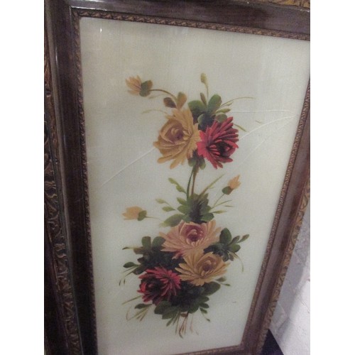 176 - PAIR OF VICTORIAN PAINTINGS ON GLASS OF ROSES - ORIGINAL FRAMES - ONE CRACKED - 70CM X 39CM