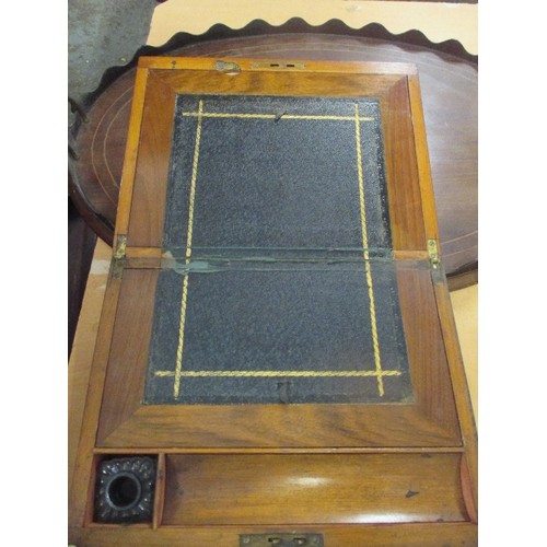 203 - VICTORIAN MAHOGANY WRITING SLOPE WITH BRASS SHIELD AND ESCUTCHEON, PRESSED GLASS INKWELL. 30CM X 22C... 