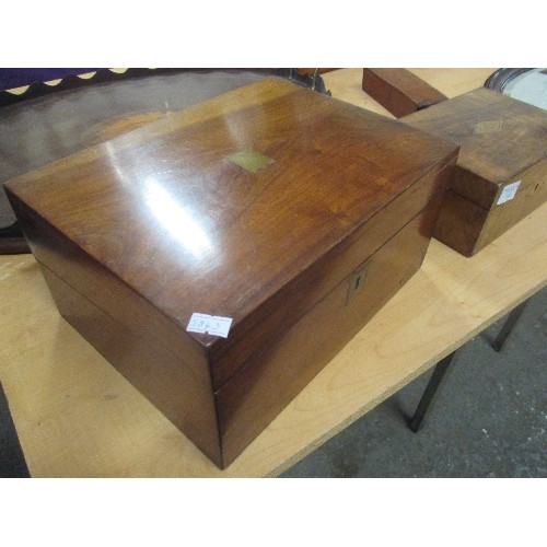 203 - VICTORIAN MAHOGANY WRITING SLOPE WITH BRASS SHIELD AND ESCUTCHEON, PRESSED GLASS INKWELL. 30CM X 22C... 