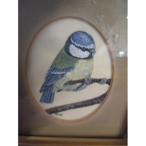 169 - A MINIATURE PAINTING ON A WAFER OF A BLUETIT ON A BRANCH - SIGNED BY THE ARTIST P READ. FRAME SIZE 1... 