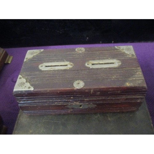 200 - VICTORIAN LEATHER COVERED WRITING SLOPE STATIONERY BOX AND A CASH BOX