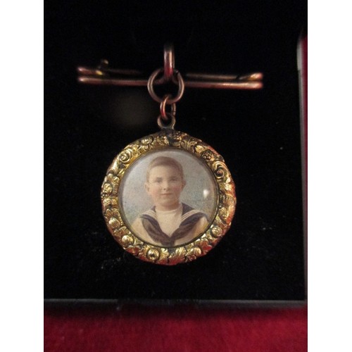 52 - ANTIQUE GOLD METAL MOURNING PENDANT LOCKET FOR HAIR BROOCH WITH PHOTO OF YOUNG BOY IN SAILOR SUIT