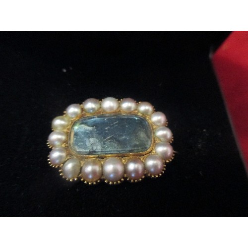 48 - GEORGIAN 18CT GOLD MOURNING BROOCH  WITH SEED PEARLS AND SHELL UNDER GLASS. INSCRIPTION ON BACK MARY... 