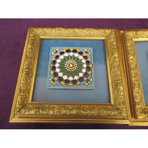 98 - TWO FRAMED MOROCCAN STYLE CERAMIC TILES - TILES 7CM SQUARE