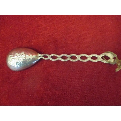 37 - AN INTERESTING ANTIQUE WHITE METAL SPOON WITH DOUBLE SERPENT HANDLE, THE BOWL WITH EMBOSSED FLOWER A... 