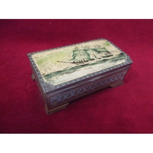 99 - VINTAGE CEDAR LINED CIGARETTE BOX WITH A TALL-SHIP DESIGN ON THE LID - 15CM X 9CM X 5CM