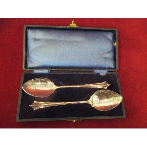 36 - GOOD PAIR OF LATE 19TH CENTURY SILVER PLATED JAM SPOONS IN A FITTED BOX