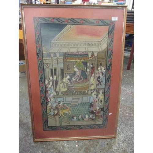 175 - AN INTERESTING 20TH CENTURY FRAMED INDIAN PAINTING ON SILK OF A MAHARAJA RECEIVING SUBJECTS INCLUDIN... 