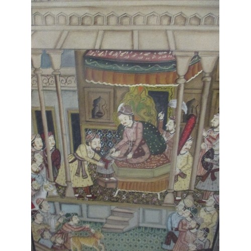 175 - AN INTERESTING 20TH CENTURY FRAMED INDIAN PAINTING ON SILK OF A MAHARAJA RECEIVING SUBJECTS INCLUDIN... 