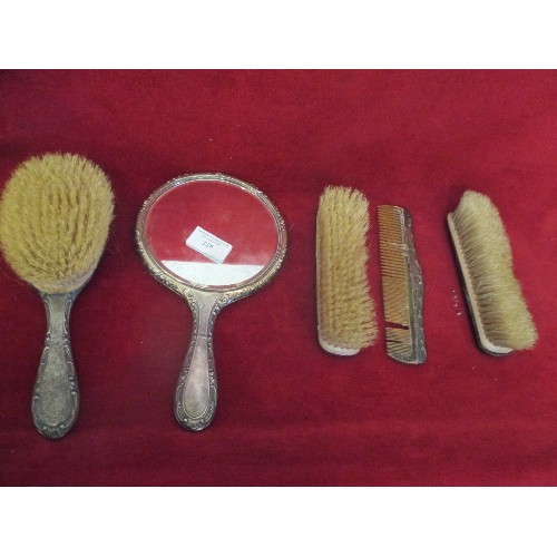 126 - A STERLING SILVER DRESSING TABLE SET WITH MIRROR, BRUSHES AND COMB - FLOWER AND SCROLL DESIGN - WELL... 