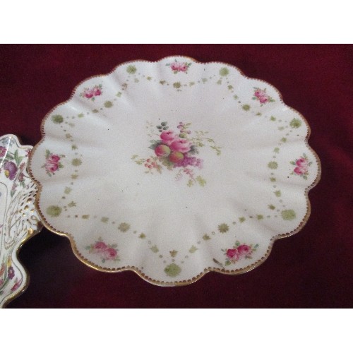 5 - A VERY FINE SHELLEY COMPORT DECORATED WITH ROSES AND FRUIT, TOGETHER WITH A SPODE SQUARE BOWL 