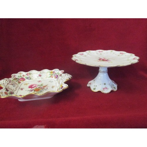 5 - A VERY FINE SHELLEY COMPORT DECORATED WITH ROSES AND FRUIT, TOGETHER WITH A SPODE SQUARE BOWL 