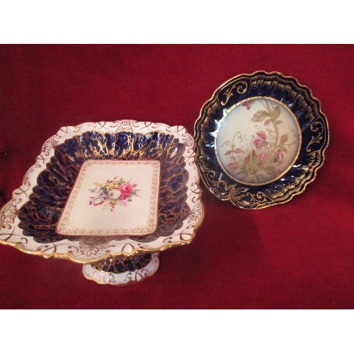 6 - A FINE QUALITY HAMMERSLEY & CO BONE CHINA SQUARE COMPORT TOGETHER WITH A LIMOGES CABINET PLATE HAND ... 