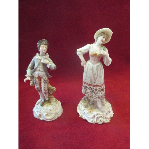 24 - TWO 19TH CENTURY FINE GERMAN PORCELAIN FIGURES, THE LADY WITH CROSS HATCH MARK TO BASE - 15CM