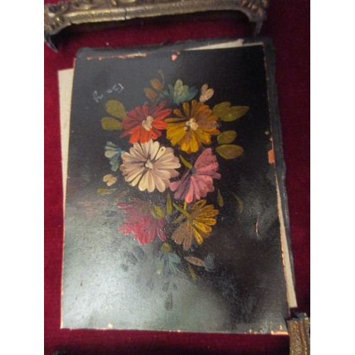 167 - PAIR OF MINIATURE OIL PAINTINGS OF FLOWERS ON COPPER. MID 20TH CENTURY. DAMAGE TO THE CAST METAL FRA... 