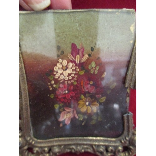 167 - PAIR OF MINIATURE OIL PAINTINGS OF FLOWERS ON COPPER. MID 20TH CENTURY. DAMAGE TO THE CAST METAL FRA... 