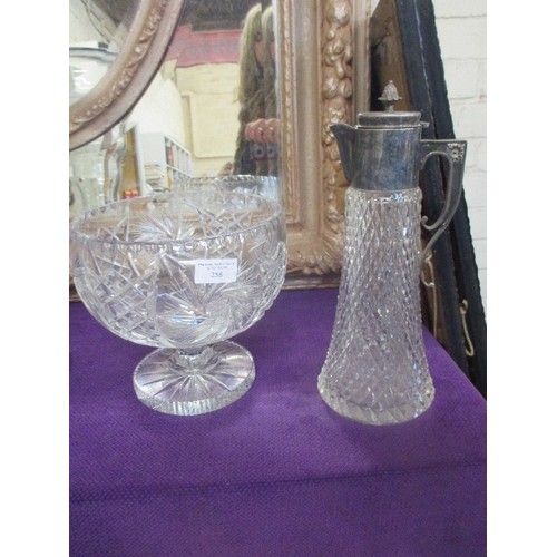 258 - A VERY HEAVY BOHEMIAN CRYSTAL PUNCH BOWL ON FOOT (CHIP TO INSIDE OF RIM) - 23CM DIA AND A CRYSTAL CL... 