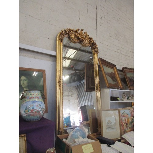 190 - AN IMPRESSIVE FRENCH STYLE GILDED MIRROR WITH APPLIED ROCOCO STYLE MOULDING TO THE ARCHED TOP, SWAGS... 