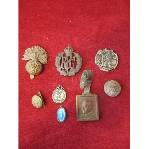 103 - BUTTONS, BADGES ETC INC ROYAL FLYING CORPS CAP BADGE, ROYAL FUSILIERS, ALSO RELIGIOUS MEDALLIONS INC... 