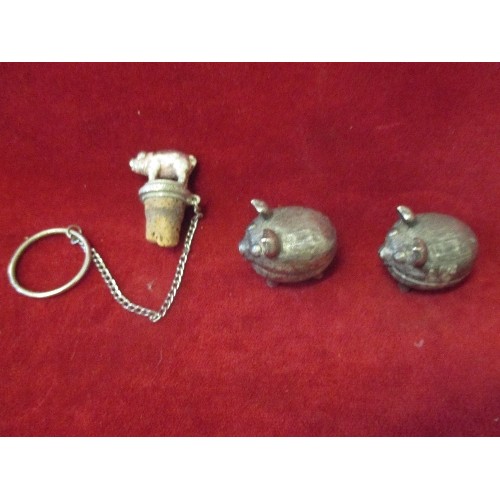 66 - PAIR OF SILVER PLATED PIG SALT CELLARS. AND A PIG BOTTLE STOPPER