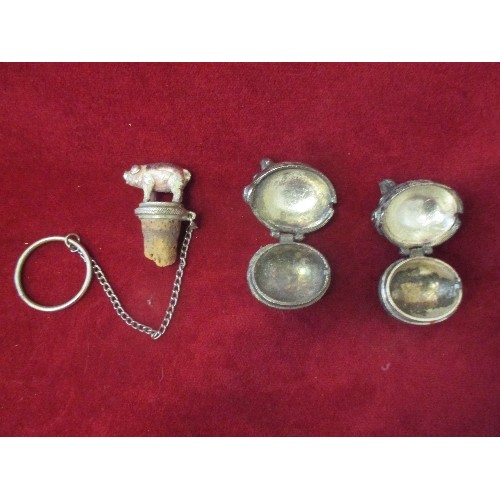 66 - PAIR OF SILVER PLATED PIG SALT CELLARS. AND A PIG BOTTLE STOPPER