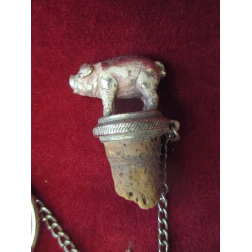 66 - PAIR OF SILVER PLATED PIG SALT CELLARS. AND A PIG BOTTLE STOPPER