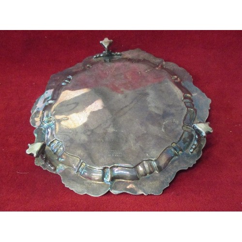 128 - A VICTORIAN STERLING SILVER CARD SALVER - WITH REPAIRS. BIRM HALLMARK & MARKED ON UNDERSIDE 