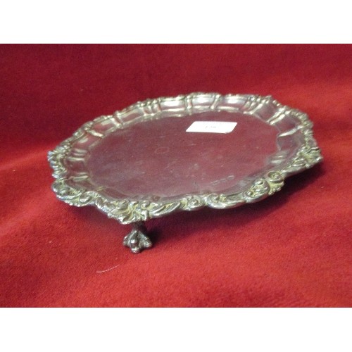 128 - A VICTORIAN STERLING SILVER CARD SALVER - WITH REPAIRS. BIRM HALLMARK & MARKED ON UNDERSIDE 