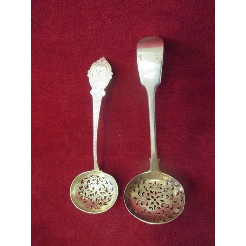 135 - TWO VICTORIAN SUGAR SIFTING SPOONS, LONDON 1856, CHAWNER & CO AND BIRMINGHAM 1870, GEORGE UNITE (WIT... 