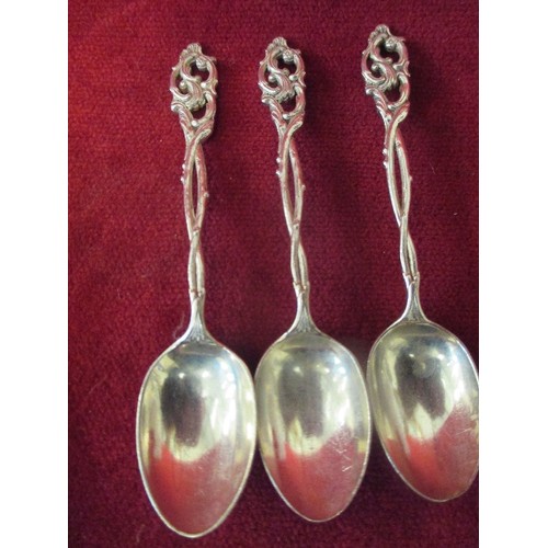 136 - FIVE VICTORIAN TEASPOONS, COMPRISING THREE WITH ORNATE PIERCED ROCOCO STYLE HANDLES - LONDON 1895, G... 