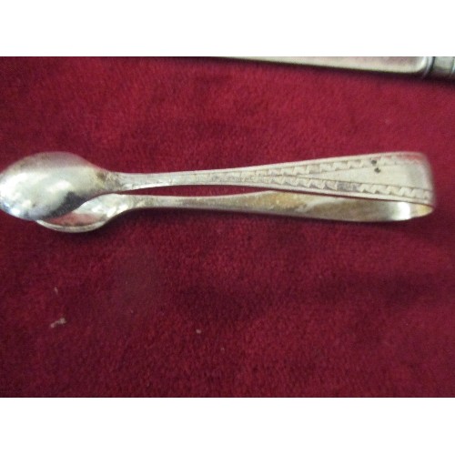 138 - SILVER CUTLERY ETC INC A PAIR OF KNIFE RESTS , SHEFFIELD 1896 (A PRONG MISSING ON ONE). SUGAR NIPS W... 