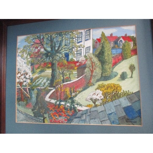 196 - LATE 20TH CENTURY ACRYLIC ON BOARD OF A TOWN GARDEN SCENE FROM A WINDOW BY SPALDING ARTIST BRIAN LOR... 