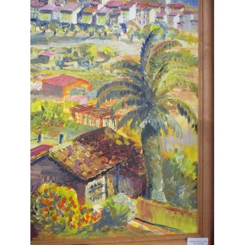 212 - UNSIGNED OIL PAINTING ON CANVAS BOARD OF A VIEW IN SOUTHERN EUROPE - PROBABLY SPAIN? ATTRIBUTED TO S... 