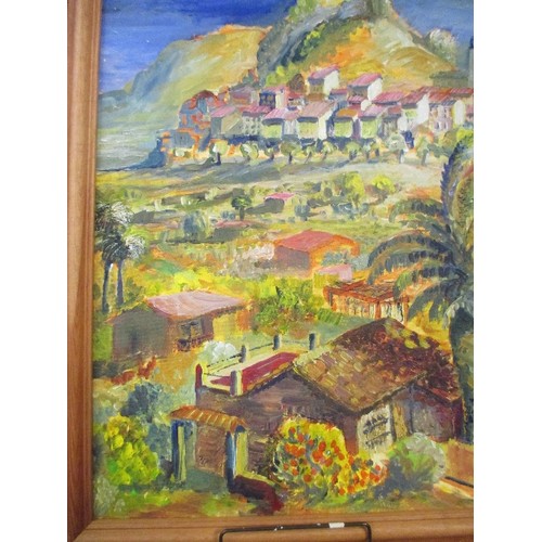 212 - UNSIGNED OIL PAINTING ON CANVAS BOARD OF A VIEW IN SOUTHERN EUROPE - PROBABLY SPAIN? ATTRIBUTED TO S... 