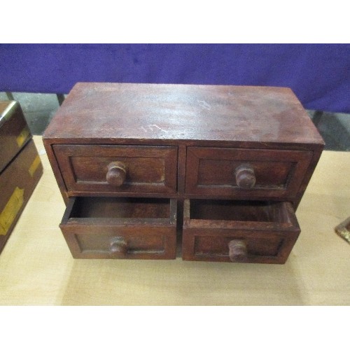 204A - A MINIATURE CHEST OF 4 DRAWERS TOGETHER WITH AN INDIAN INLAID CARD BOX WITH CARDS AND A VINTAGE LEAT... 