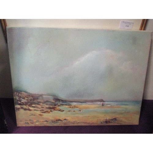 164 - CONTEMPORARY OIL PAINTING ON CANVAS OF A COASTAL SCENE WITH FIGURES SIGNED J OLDRIDGE - 40CM X 30CM ... 